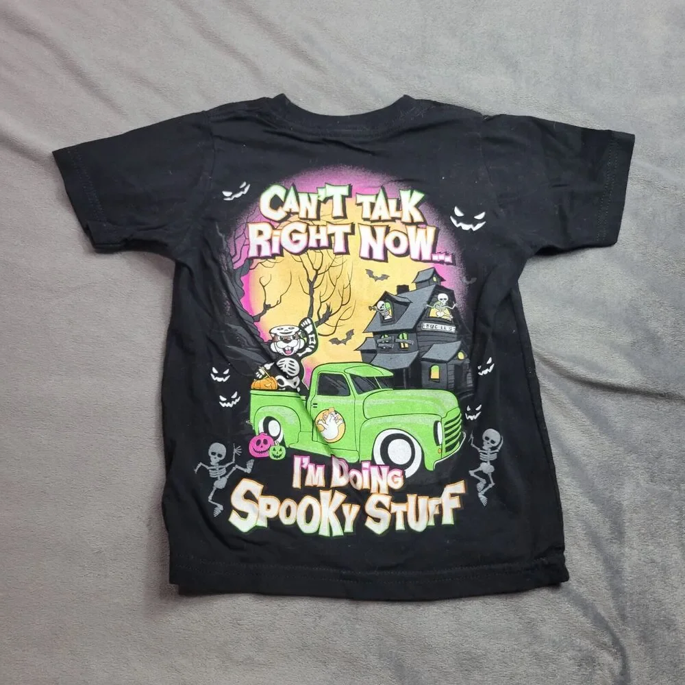 Bucees Shirt Boy Size 2T Black Skelton Halloween Spooky Stuf Truck Cant Talk Now